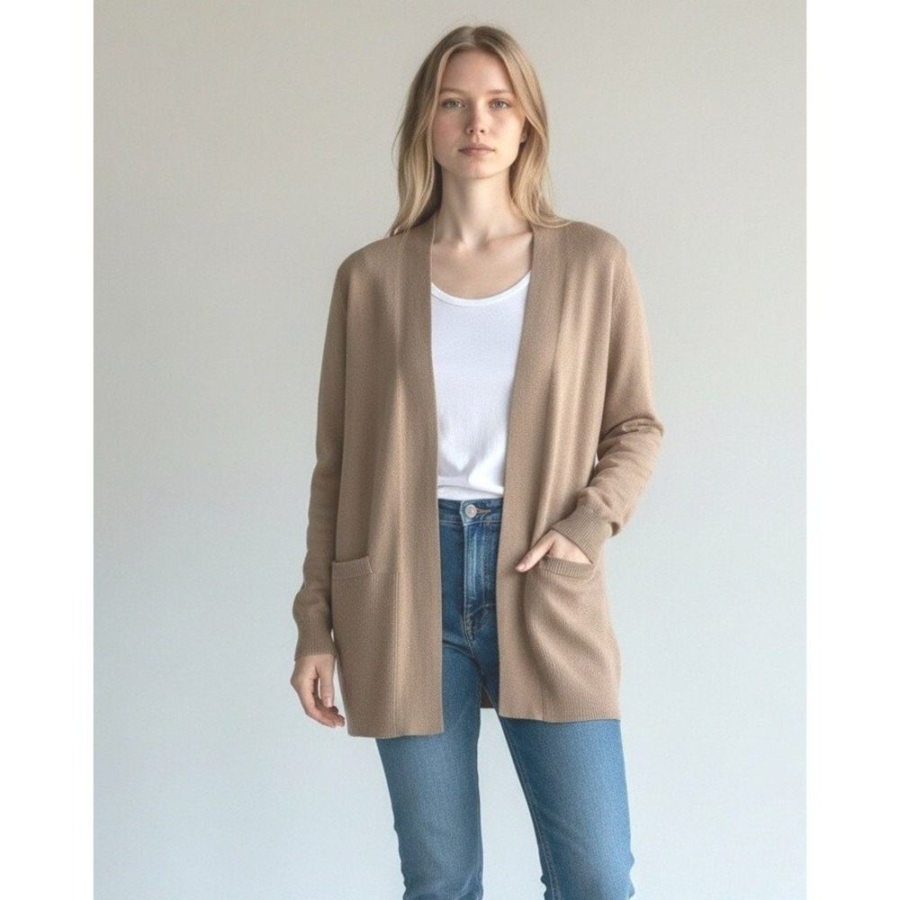 BYdesign Womens Tan Open Front Cardigan Sweater Longline Ribbed Hem Pockets